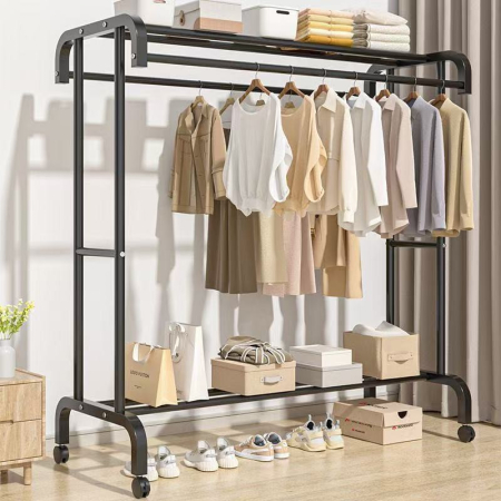 Polcok, rendszerezők és tartók - Dupla Ruhatartó Állvány Cipőtartó Polccal – Fém Szerkezet, 70 kg Teherbírás, 150 × 109 × 50 cm, Felső Tárolópolc, Modern Kialakítás