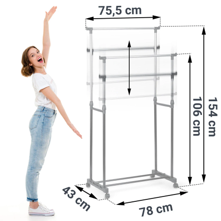 Suport Mobil pentru Haine cu Roți, Înălțime Reglabilă, Spațiu pentru Încălțăminte, Dimensiuni 154x43x78 cm, Structură Ușoară și Stabilă, Design Modern Negru/Argintiu [1]