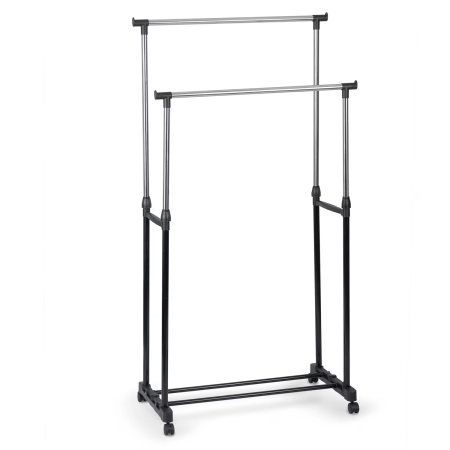 Rafturi, Organizatoare si Suporturi - Suport Mobil pentru Haine cu Roți, Înălțime Reglabilă, Spațiu pentru Încălțăminte, Dimensiuni 154x43x78 cm, Structură Ușoară și Stabilă, Design Modern Negru/Argintiu