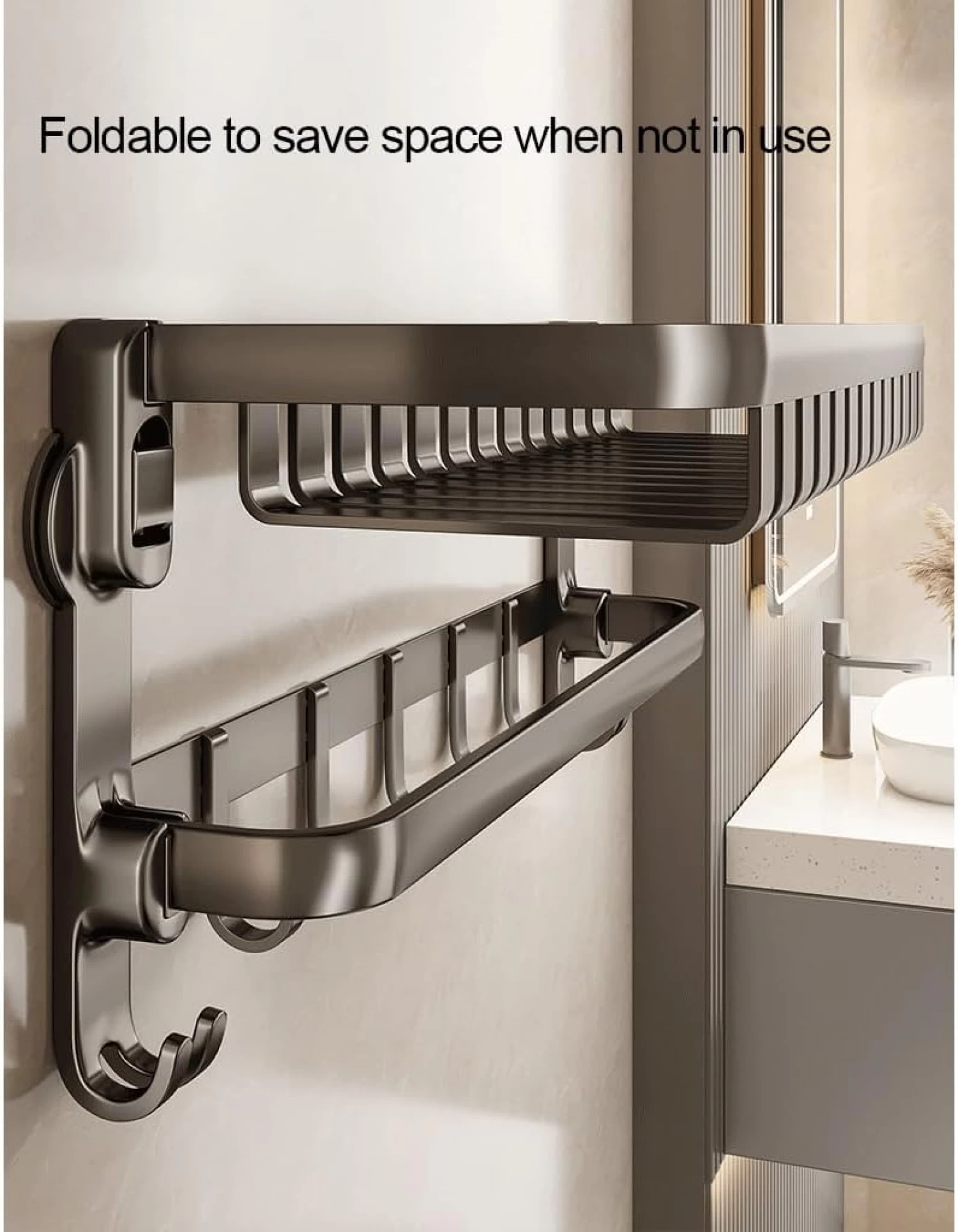 Suport prosop baie, rabatabil, 70 cm, Inox, Gri, 1 bară, 8 cârlige, rezistent la rugină, montaj perete [1]