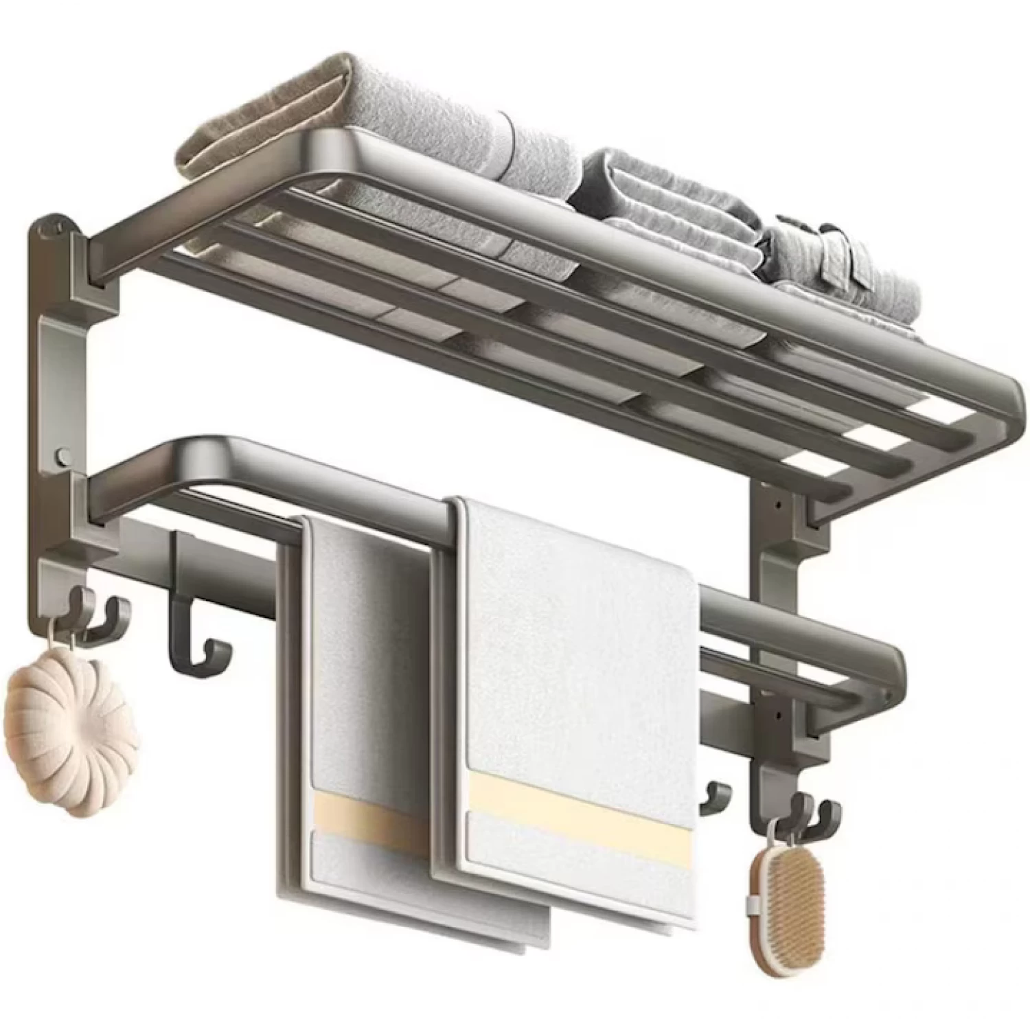 Rafturi, Organizatoare si Suporturi - Suport prosop baie, rabatabil, 40 cm, Inox, Gri, 1 bară, 8 cârlige, rezistent la rugină, montaj perete