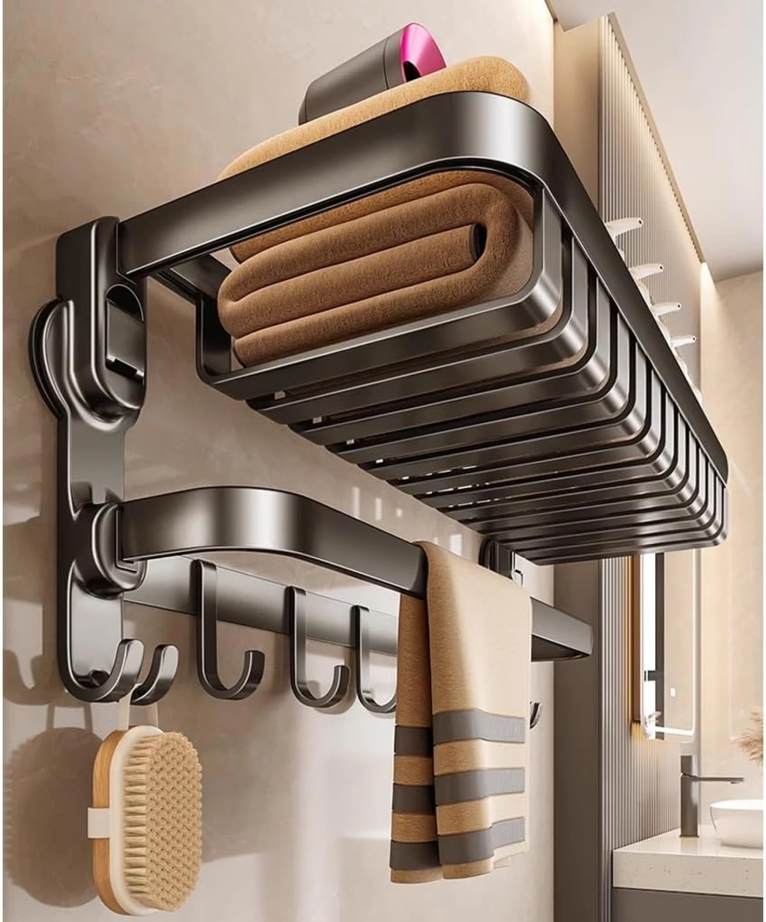 Suport prosop baie, rabatabil, 70 cm, Inox, Gri, 1 bară, 8 cârlige, rezistent la rugină, montaj perete [4]