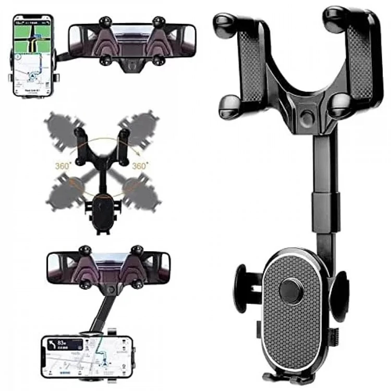 Accesorii Auto - Suport Universal pentru Telefon Auto - Oglindă Retrovizoare 360° cu Clema Ajustabilă, Fabricat din Aliaj de Aluminiu și Plastic, Ușor de Instalată și Durabil