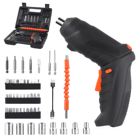 Scule Electrice si Unelte - Șurubelniță electrică compactă 3.6V, baterie 1.3Ah Li-Ion, 4Nm, 180 RPM, design 2 în 1 tip pistol și drept, cu accesorii și cutie de depozitare, negru