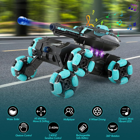 Tanc RC cu telecomandă 2.4G, control gesturi, lansare gloanțe de apă, rotire 360°, 6 roți motoare, efecte luminoase și sonore, acumulator [2]