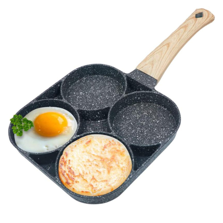Casa si Bucatarie - Tigaie pentru Oua cu 4 Compartimente - Aluminiu Multistrat, Strat Antiaderent Non-Stick, Mâner Detașabil din Lemn, 17 × 17 cm, Gri