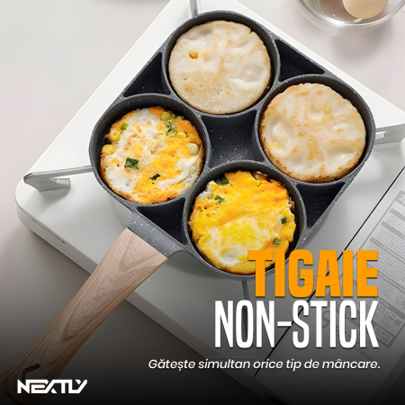 Tigaie pentru Oua cu 4 Compartimente - Aluminiu Multistrat, Strat Antiaderent Non-Stick, Mâner Detașabil din Lemn, 17 × 17 cm, Gri [7]