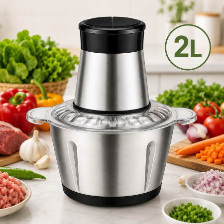 Casa si Bucatarie - Tocator electric 2L pentru carne si legume,1000 W 4 lame din otel inoxidabil de inalta calitate, Capacitate 2L, Recipient din Inox, Argintiu