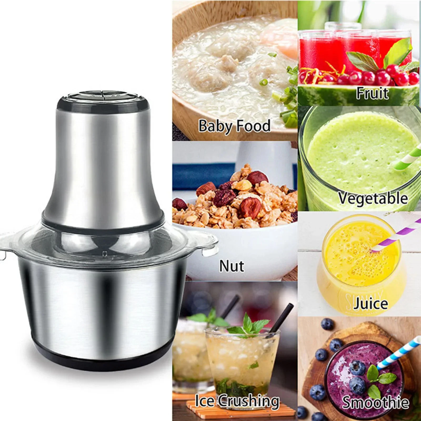 Tocator electric 2L pentru carne si legume,1000 W 4 lame din otel inoxidabil de inalta calitate, Capacitate 2L, Recipient din Inox, Argintiu [3]