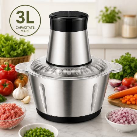 Casa si Bucatarie - Tocator electric 3L pentru carne si legume, 1000 W, 4 lame din otel inoxidabil de inalta calitate, Recipient din Inox, Argintiu