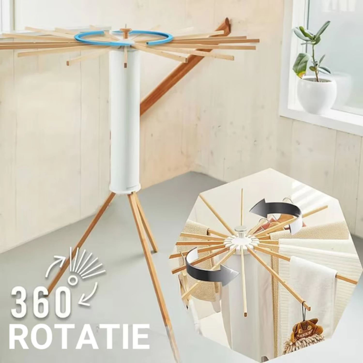 Uscător de Rufe Pliabil din Lemn Rezistent - 16 bare de sustinere, Sustine 100 kg, Rotire 360°, Reglabil, Protecție UV, Compact și Durabil [2]