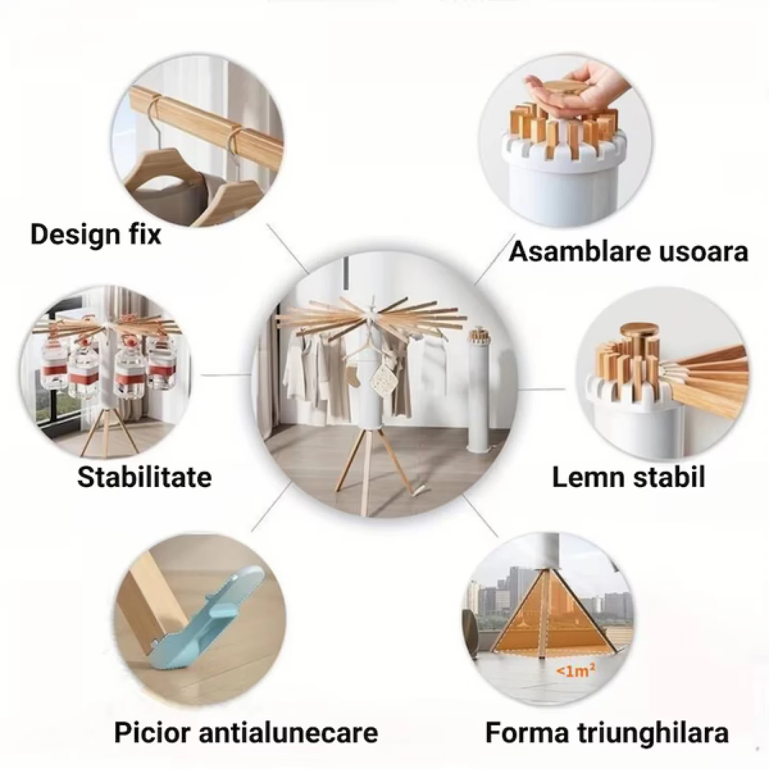 Uscător de Rufe Pliabil din Lemn Rezistent - 16 bare de sustinere, Sustine 100 kg, Rotire 360°, Reglabil, Protecție UV, Compact și Durabil [10]