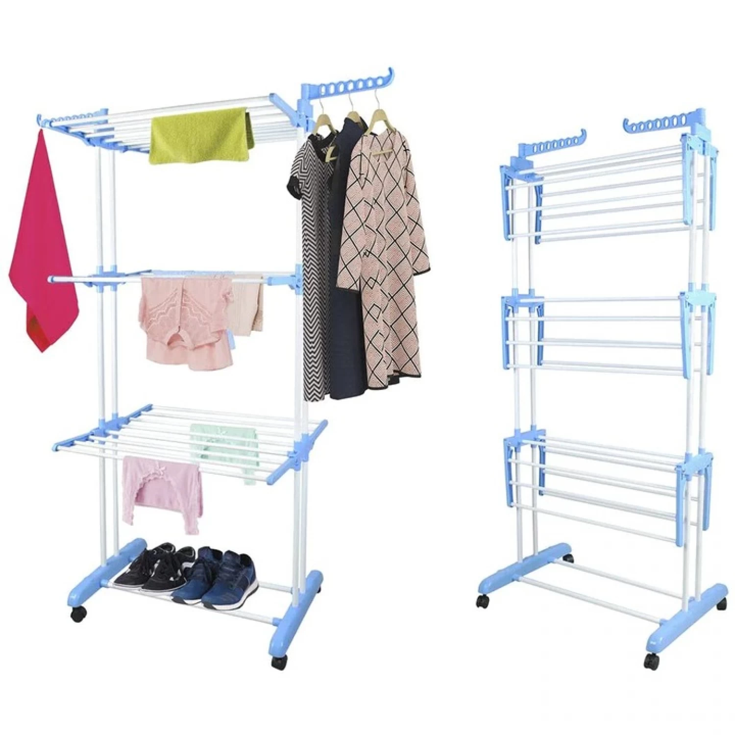 Uscător de Rufe Vertical, Pliabil și cu Roți, Capacitate 50 kg, 3 Niveluri de Uscare, Design Compact, alb/Albastru [5]