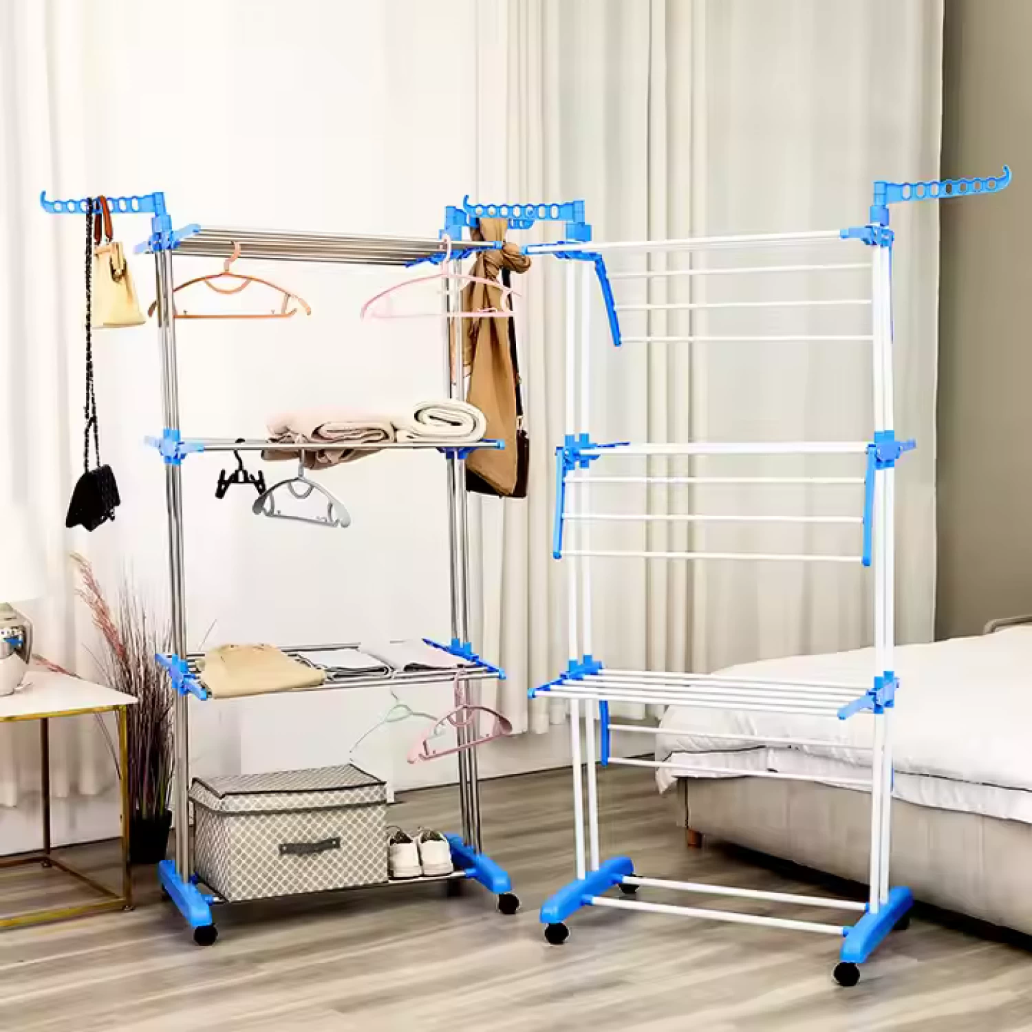 Uscător de Rufe Vertical, Pliabil și cu Roți, Capacitate 50 kg, 3 Niveluri de Uscare, Design Compact, alb/Albastru [7]