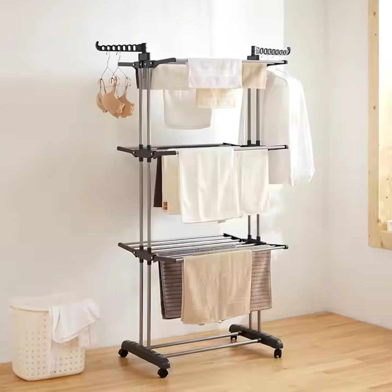 Rafturi, Organizatoare si Suporturi - Uscător de Rufe Vertical, Pliabil și cu Roți, Capacitate 50 kg, 3 Niveluri de Uscare, Design Compact, alb/Albastru