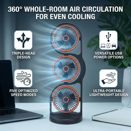 Ventilator Portabil de Birou cu 3 Capete, Rotire 360°, 5 Trepte de Viteză, Acumulator Reîncărcabil prin USB, Flux de Aer Multidirecțional, Înclinare Reglabilă la 45° [4]