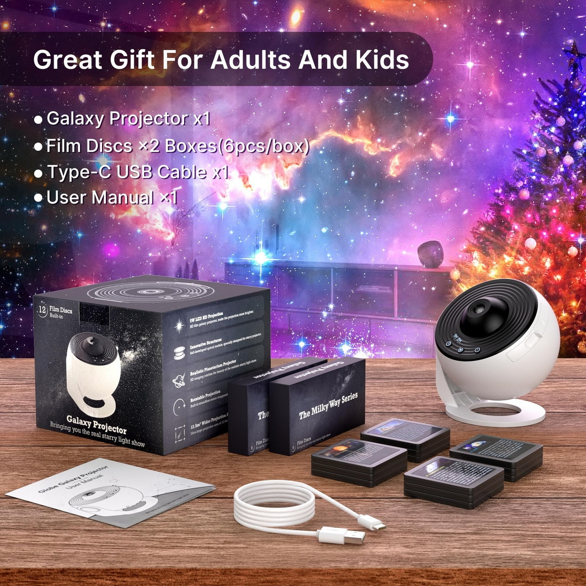 13 az 1-ben Galaxy Éjjeli Lámpa és Csillagos Égbolt Projektor – HD Vetítés, 360°-os Forgatás, USB Tápellátás, 10 W, Gömb Kialakítás, Fekete-Fehér, Hálószobába [14]