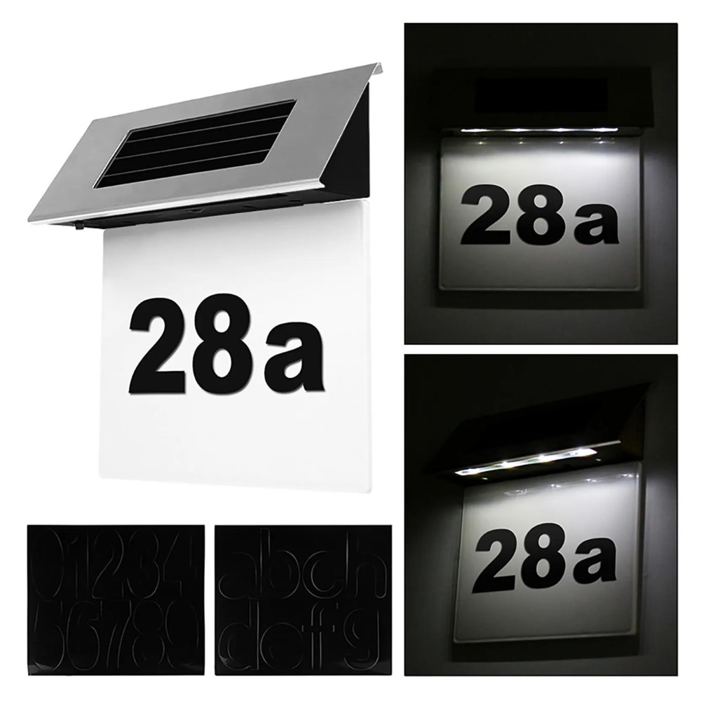 Napelemes Házszámtábla LED Világítással – 4 LED, Fényérzékelő, Rozsdamentes Acél, Vízálló, 19 × 18,5 × 5 cm, Szám- és Betűkészlettel [6]