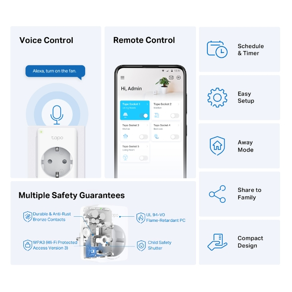 Priza inteligenta TP-Link Mini Tapo P100, Wi-Fi, control vocal, 2300W, 10A, Alb [2]