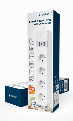 Retelistica & Smarthome - Prelungitor Gembird inteligent cu porturi incarcare USB, 4 prize, alb