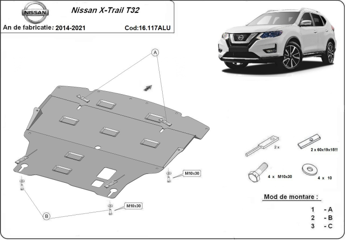 Scut motor din aluminiu Nissan X-Trail T32 2014-2021 - Aluminiu 3 mm [3]