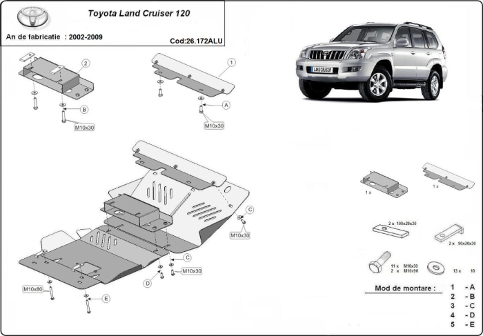 Scut motor din aluminiu Toyota Land Cruiser J120 2002-2009 - Aluminiu 4 mm [3]
