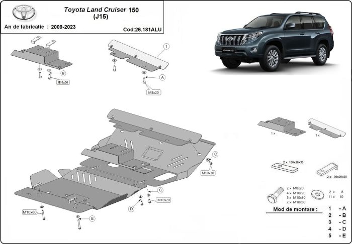 Scut motor din aluminiu Toyota Land Cruiser J150 2009-2023 - Aluminiu 4 mm [3]