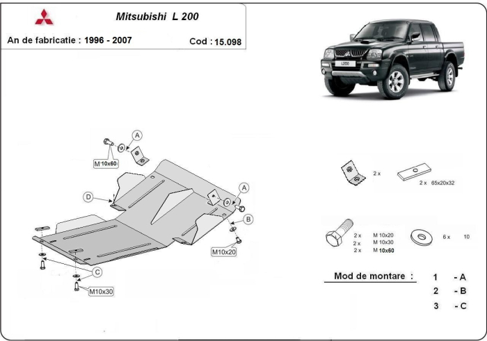 Scut motor Mitsubishi L200 1998-2007 - Oțel 3 mm [3]