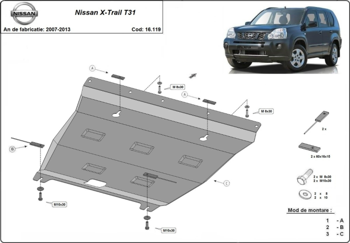 Scut motor Nissan X-Trail T31 - model 2 2007-2013 - Oțel 2 mm [3]