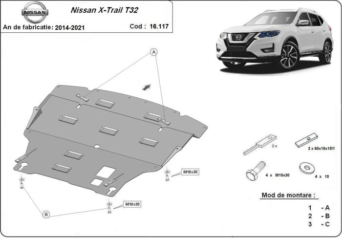 Scut motor Nissan X-Trail T32 2014-2021 - Oțel 2 mm [3]