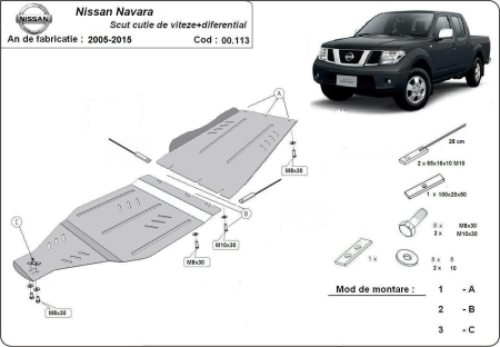 Scuturi Metalice - Scut cutie de viteză și reductor Nissan Navara 2005-2015 - Oțel 3 mm