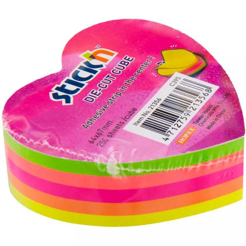 Papetarie si birotica - Notes adeziv inima 5 culori fluorescente 64X67 mm 250 file STICK"N