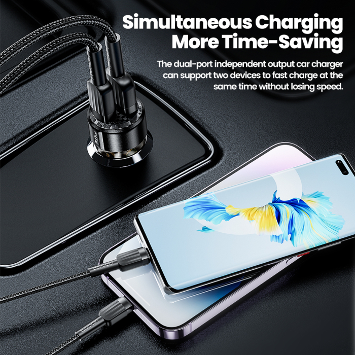 Încărcător Auto 60W Fast Charging, USB-C + USB [5]