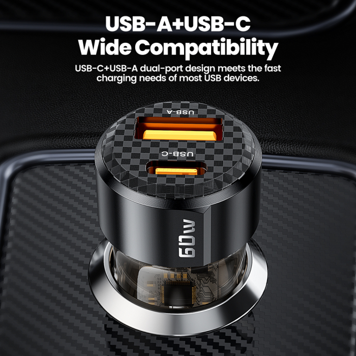 Încărcător Auto 60W Fast Charging, USB-C + USB [8]