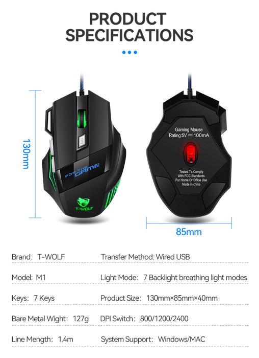Mouse Gaming, USB cu Fir, 7 Butoane, DPI 800-1200-2400 [2]