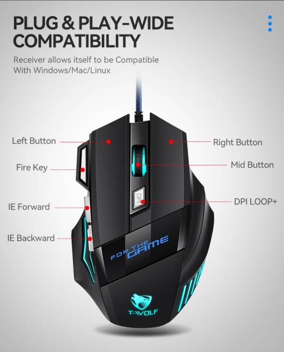 Mouse Gaming, USB cu Fir, 7 Butoane, DPI 800-1200-2400 [3]
