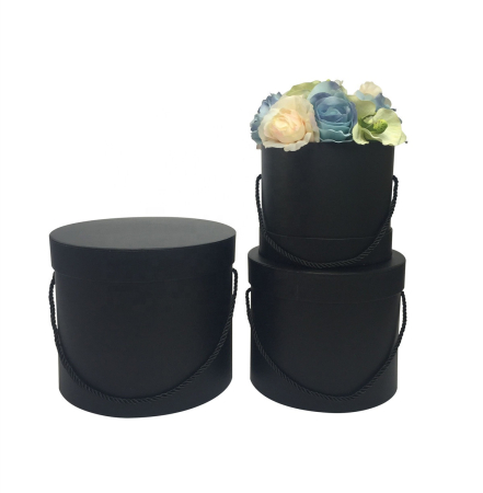 Cutii flori - Set 3 cutii rotunde cu mâner din șnur pentru flori și cadouri – carton rigid premium