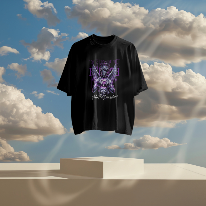 Tricou bărbătesc oversize Muted Freedom – Rebirth, înger blindfolded, bumbac negru [2]
