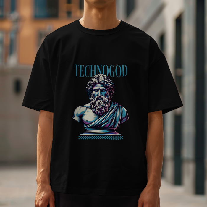 Tricou bărbătesc oversize TECHNOGOD – zeu techno, bust neon, bumbac [2]