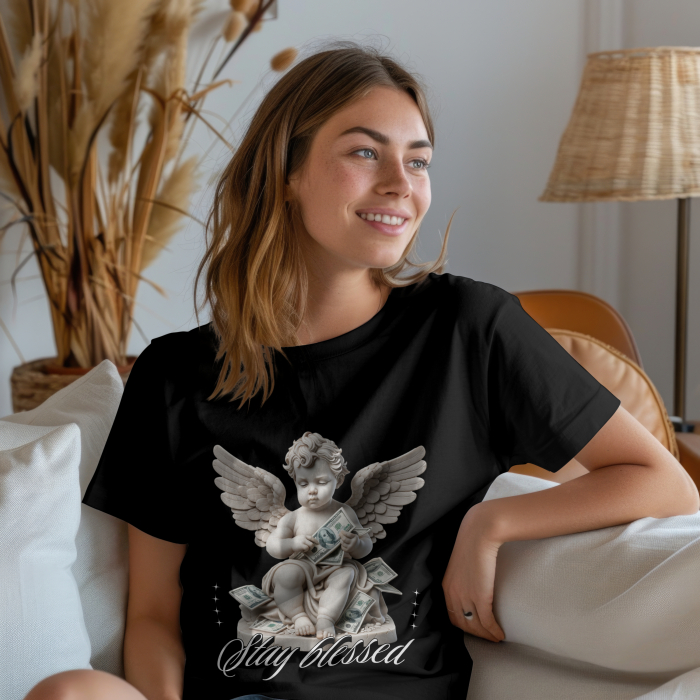 Tricou Dama Oversize Stay Blessed – Imprimeu Îngeri, Stil Urban Relaxat [2]