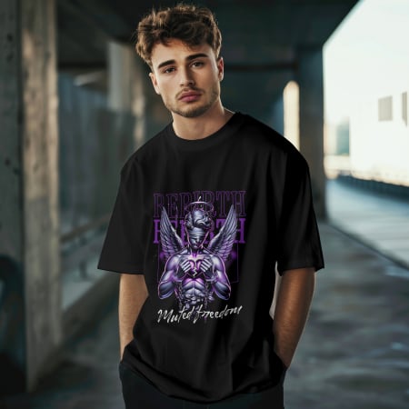 Inspirational & Art - Tricou bărbătesc oversize Muted Freedom – Rebirth, înger blindfolded, bumbac negru