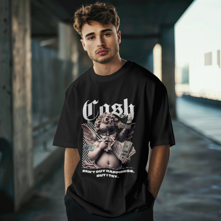 Inspirational & Art - Tricou bărbătesc oversize CASH – înger urban, ironie, bumbac