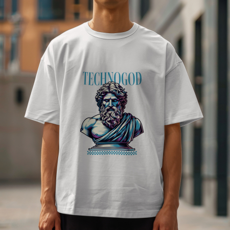 Inspirational & Art - Tricou bărbătesc oversize TECHNOGOD – zeu techno, bust neon, bumbac
