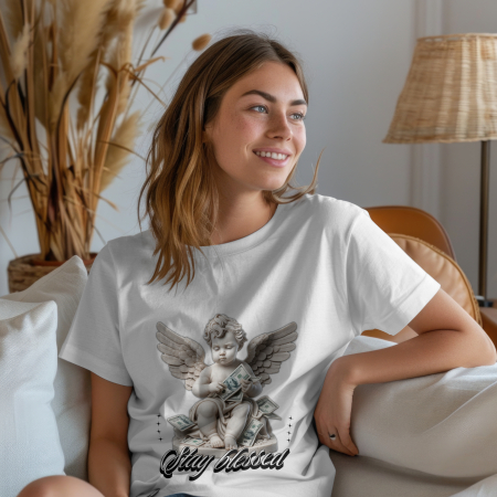Inspirational & Art - Tricou Dama Oversize Stay Blessed – Imprimeu Îngeri, Stil Urban Relaxat