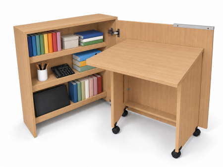 Mobila living si dining - Birou Pliabil FLEX cu Rafturi, PAL, Fag, 80x30x100 cm