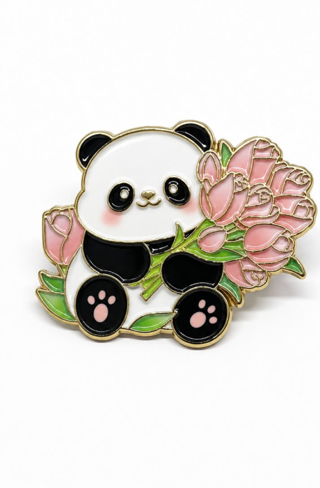 Pin metalic „Panda cu Buchet de Lalele” [2]
