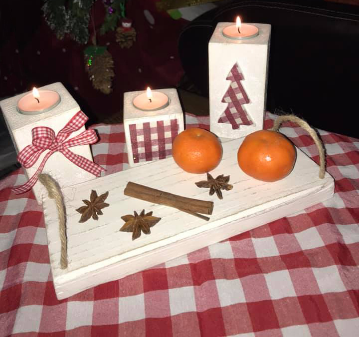 Set suport pentru lumânări, cu tăviță, model Carouri [3]