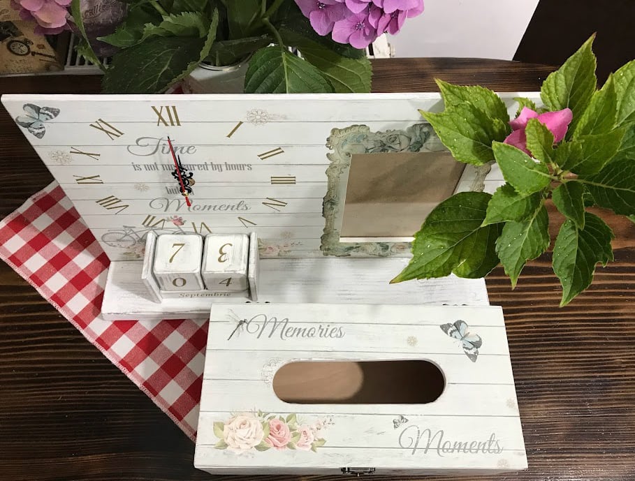 Set vintage format din calendar perpetuu cu ceas, ramă foto, eprubetă și suport șervețele [3]