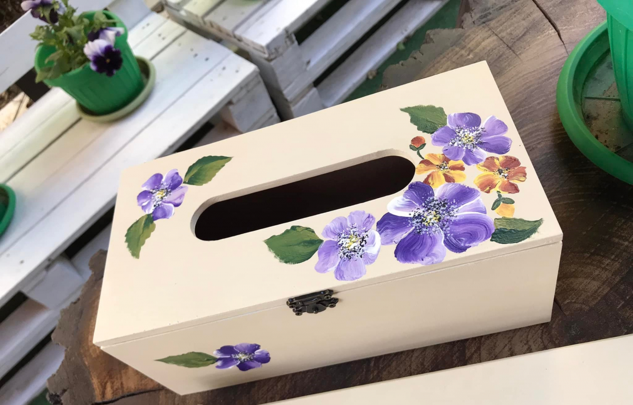 Suport șervețele handmade pictat manual, model cu Flori mov și portocalii [3]