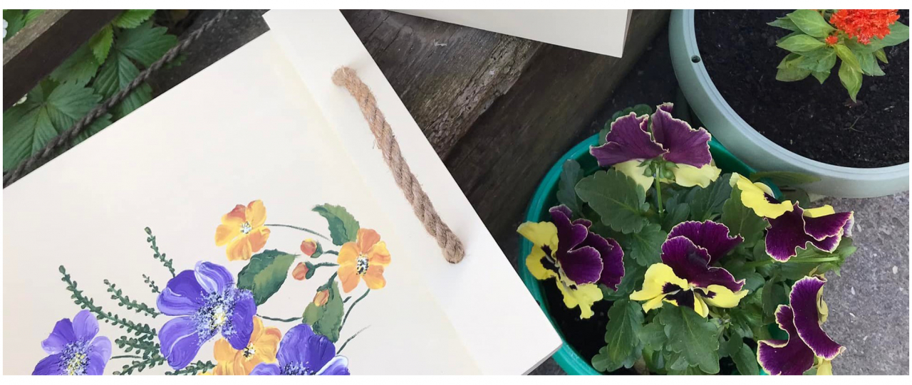 Tavă pictată manual, model Flori mov și portocalii [2]